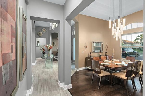 Dining room, Interior, Pendant Lights, Wood Texture Flooring