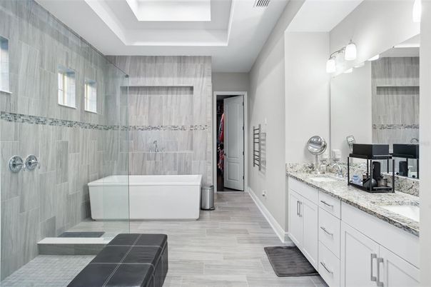 Bathroom, Free Standing Baths, Glass Shower, Interior, Wood Texture Flooring