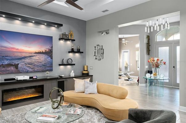 Fireplace, Interior, Living room, Pendant Lights, Recessed Lighting, Wood Texture Flooring