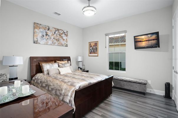 Bathroom, Dual Sink Vanities, Interior, Recessed Lighting, Wood Texture Flooring