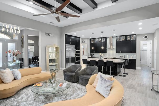 Fireplace, Interior, Living room, Pendant Lights, Recessed Lighting, Wood Texture Flooring