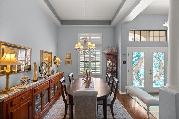 Chandelier, Dining room, Interior, Wood Texture Flooring