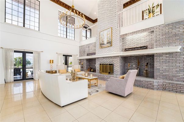 Chandelier, Fireplace, Interior, Living room, Pendant Lights, Stone Walls
