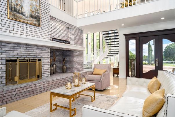 Fireplace, Interior, Living room, Recessed Lighting, Stone Walls