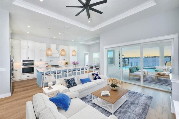 Interior, Kitchen, Living room, Pendant Lights, Recessed Lighting, Stainless Steel Appliances, Water, Wood Texture Flooring
