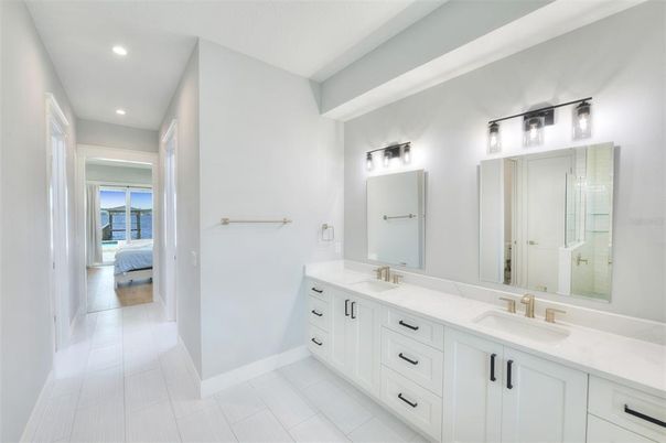 Bathroom, Bedroom, Dual Sink Vanities, Interior, Recessed Lighting, Wood Texture Flooring