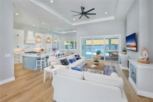 Interior, Kitchen, Living room, Pendant Lights, Recessed Lighting, Water, Wood Texture Flooring