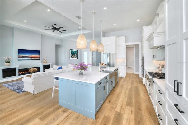 Fireplace, Interior, Kitchen, Living room, Pendant Lights, Recessed Lighting, Stainless Steel Appliances, Wood Texture Flooring