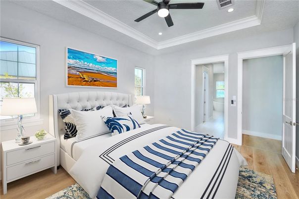 Bedroom, Interior, Recessed Lighting, Wood Texture Flooring