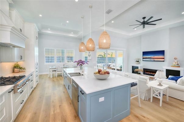 Dining room, Fireplace, Interior, Kitchen, Living room, Pendant Lights, Recessed Lighting, Wood Texture Flooring