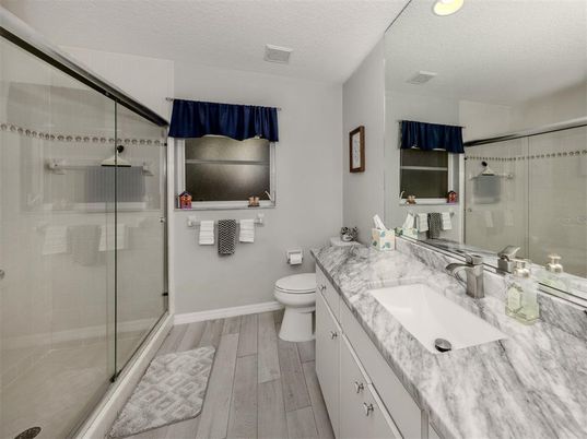 Bathroom, Glass Shower, Interior, Wood Texture Flooring