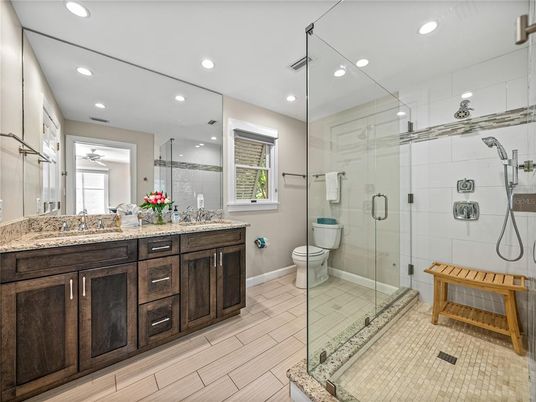 Bathroom, Dual Sink Vanities, Glass Shower, Interior, Recessed Lighting