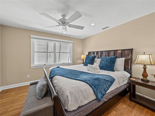 Bedroom, Interior, Recessed Lighting, Wood Texture Flooring