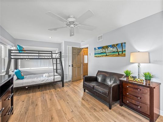 Bedroom, Interior, Recessed Lighting, Wood Texture Flooring
