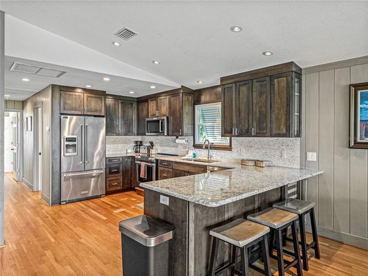 Interior, Kitchen, Recessed Lighting, Stainless Steel Appliances, Wood Texture Flooring