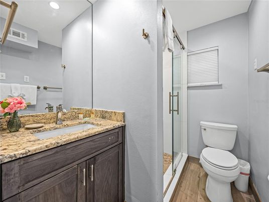 Bathroom, Interior, Recessed Lighting, Wood Texture Flooring