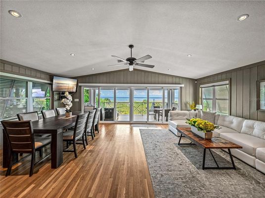 Dining room, Interior, Living room, Recessed Lighting, Wood Texture Flooring