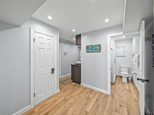 Bathroom, Interior, Recessed Lighting, Wood Texture Flooring