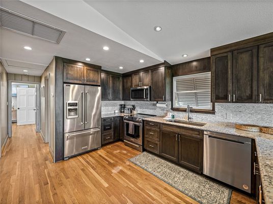 Interior, Kitchen, Recessed Lighting, Stainless Steel Appliances, Wood Texture Flooring