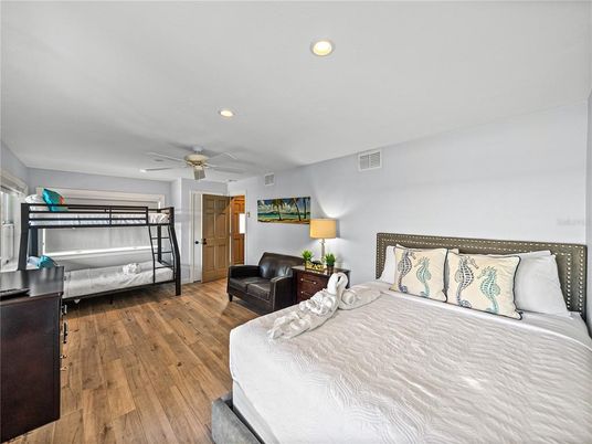 Bedroom, Interior, Recessed Lighting, Wood Texture Flooring