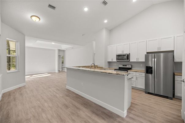 Interior, Kitchen, Recessed Lighting, Stainless Steel Appliances, Wood Texture Flooring