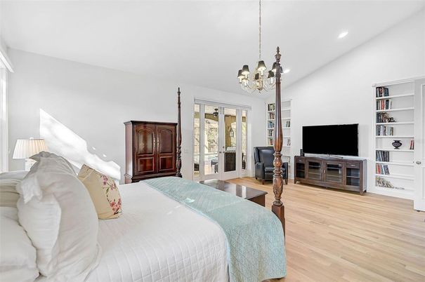 Bedroom, Chandelier, Interior, Recessed Lighting, Wood Texture Flooring