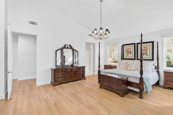 Bedroom, Chandelier, Interior, Pendant Lights, Wood Texture Flooring