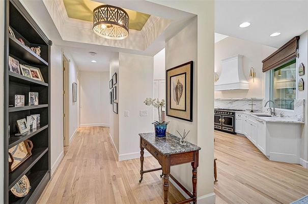 Interior, Kitchen, Marble Walls, Recessed Lighting, Wood Texture Flooring