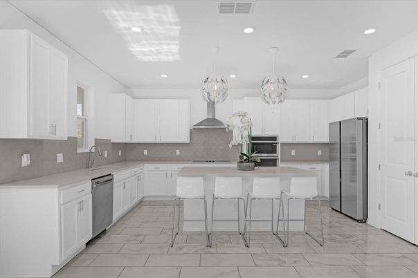 Interior, Kitchen, Marble, Pendant Lights, Recessed Lighting, Stainless Steel Appliances