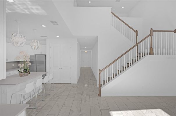 Interior, Kitchen, Marble, Pendant Lights, Recessed Lighting, Stainless Steel Appliances