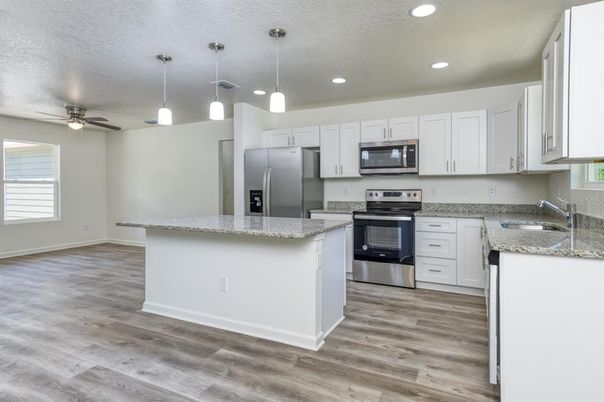 Interior, Kitchen, Pendant Lights, Recessed Lighting, Stainless Steel Appliances, Wood Texture Flooring