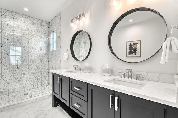 Bathroom, Dual Sink Vanities, Glass Shower, Interior, Marble, Recessed Lighting