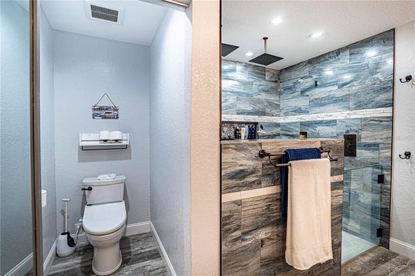 Bathroom, Glass Shower, Interior, Marble Walls, Recessed Lighting