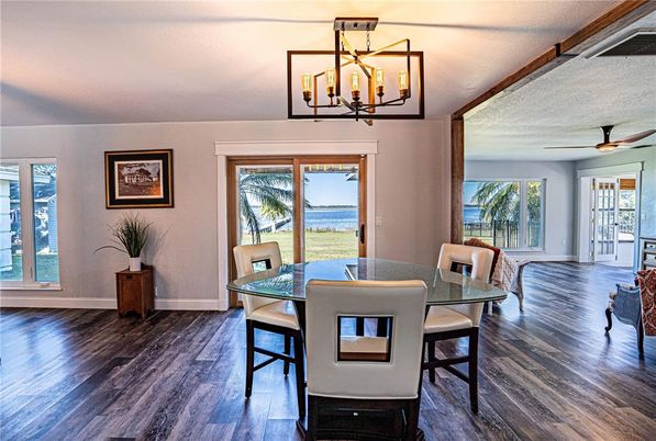 Chandelier, Dining room, Interior, Water, Wood Texture Flooring