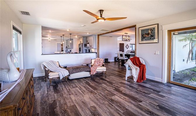 Chandelier, Dining room, Interior, Kitchen, Living room, Pendant Lights, Wood Texture Flooring