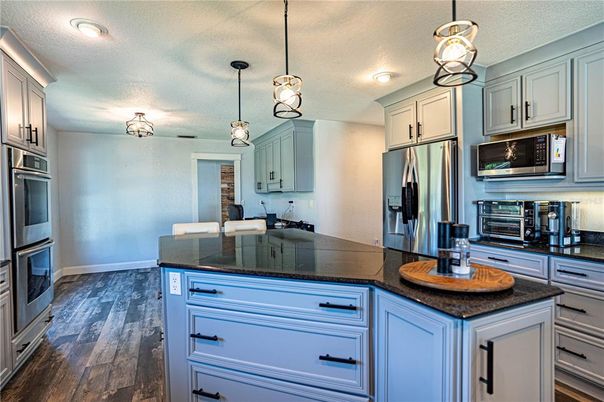 Interior, Kitchen, Pendant Lights, Stainless Steel Appliances, Wood Texture Flooring