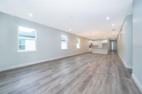 Empty room, Interior, Kitchen, Pendant Lights, Recessed Lighting, Wood Texture Flooring