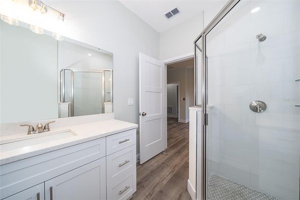 Bathroom, Glass Shower, Interior, Wood Texture Flooring