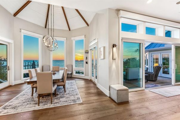Dining room, Interior, Pendant Lights, Recessed Lighting, Water, Wood Texture Flooring