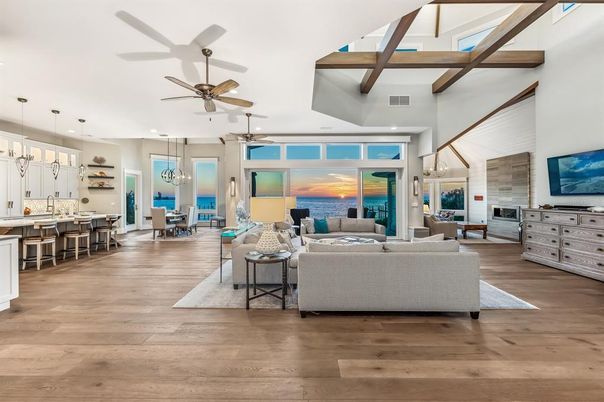 Dining room, Fireplace, Interior, Kitchen, Living room, Pendant Lights, Recessed Lighting, Water, Wood Texture Flooring