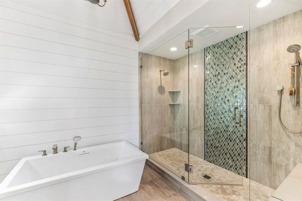 Bathroom, Free Standing Baths, Glass Shower, Interior, Recessed Lighting