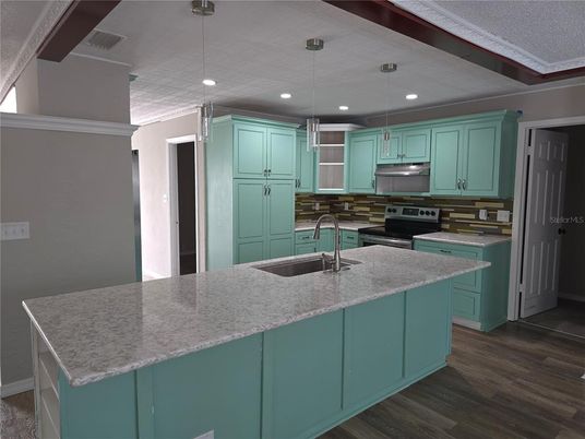Interior, Kitchen, Pendant Lights, Recessed Lighting, Stainless Steel Appliances, Wood Texture Flooring