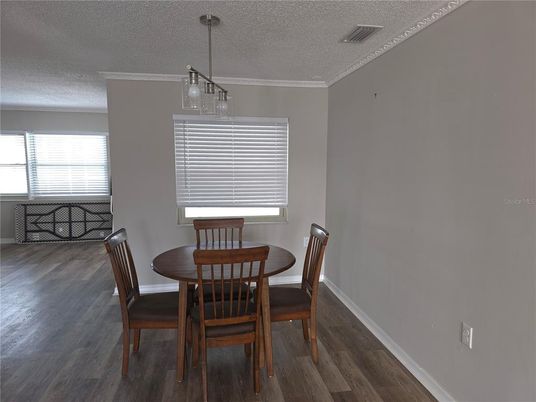 Dining room, Interior, Pendant Lights, Wood Texture Flooring