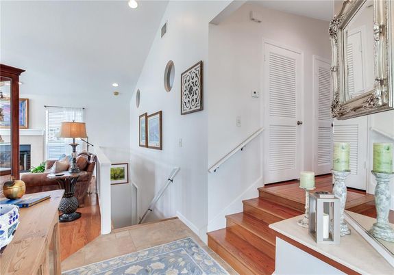 Fireplace, Interior, Living room, Recessed Lighting, Wood Texture Flooring