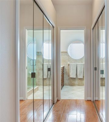 Bathroom, Glass Shower, Interior, Wood Texture Flooring