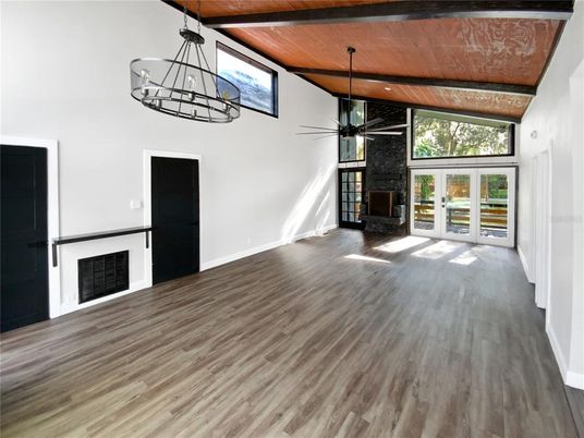 Chandelier, Empty room, Fireplace, Interior, Pendant Lights, Wooden Ceilings, Wood Texture Flooring