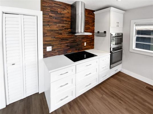Interior, Kitchen, Stainless Steel Appliances, Wood Texture Flooring, Wooden Walls