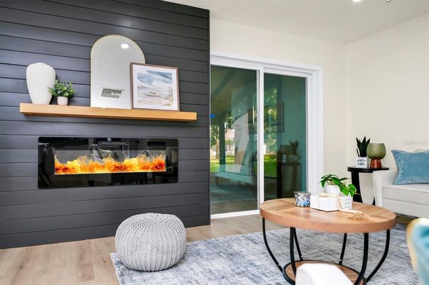 Fireplace, Interior, Recessed Lighting, Wood Texture Flooring