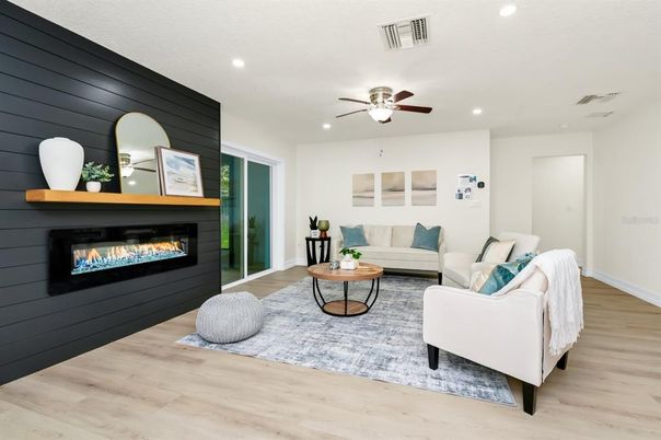Fireplace, Interior, Living room, Recessed Lighting, Wood Texture Flooring