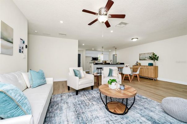 Dining room, Interior, Kitchen, Living room, Pendant Lights, Recessed Lighting, Stainless Steel Appliances, Wood Texture Flooring